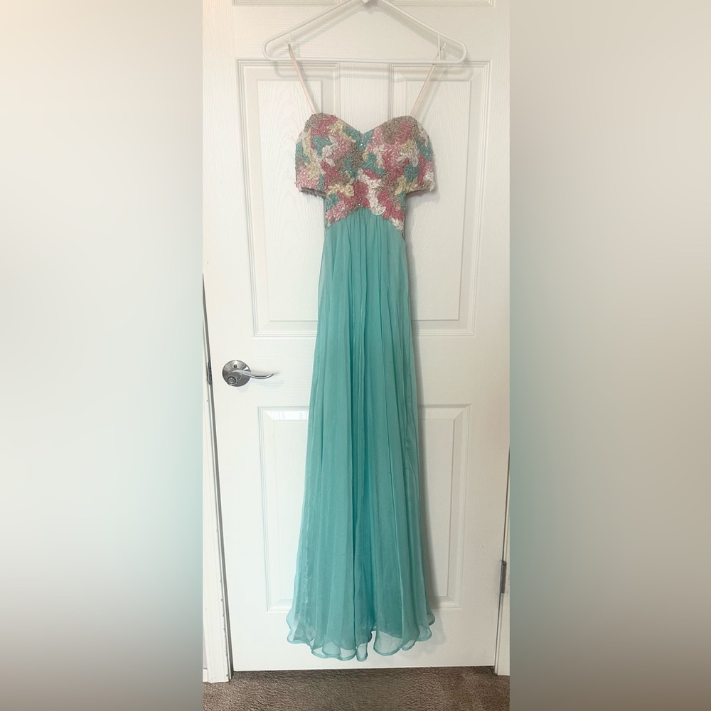 La Femme Multicolor Floral and Aqua Prom Dress